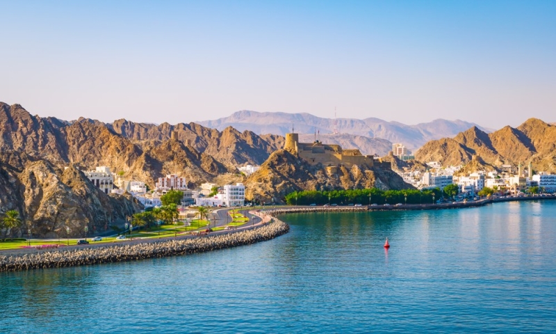 Mysterious Oman: dunes, forts, canyons and palm trees on the shore of the bay